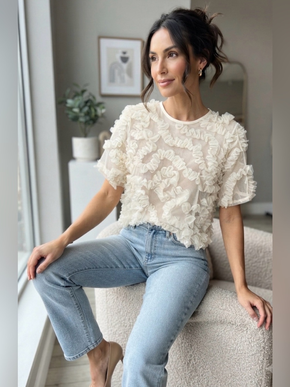 Like New! Wicked Majesty Sheer Rosette Cream Blouse